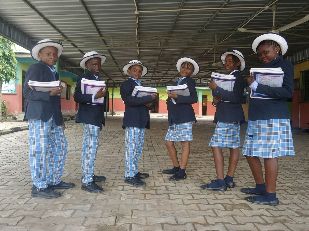 Students with textbooks at Ben Nice Academy